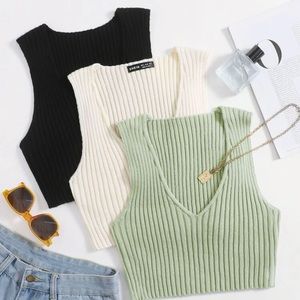 3pcs Plunging Crop Tank Knit Top